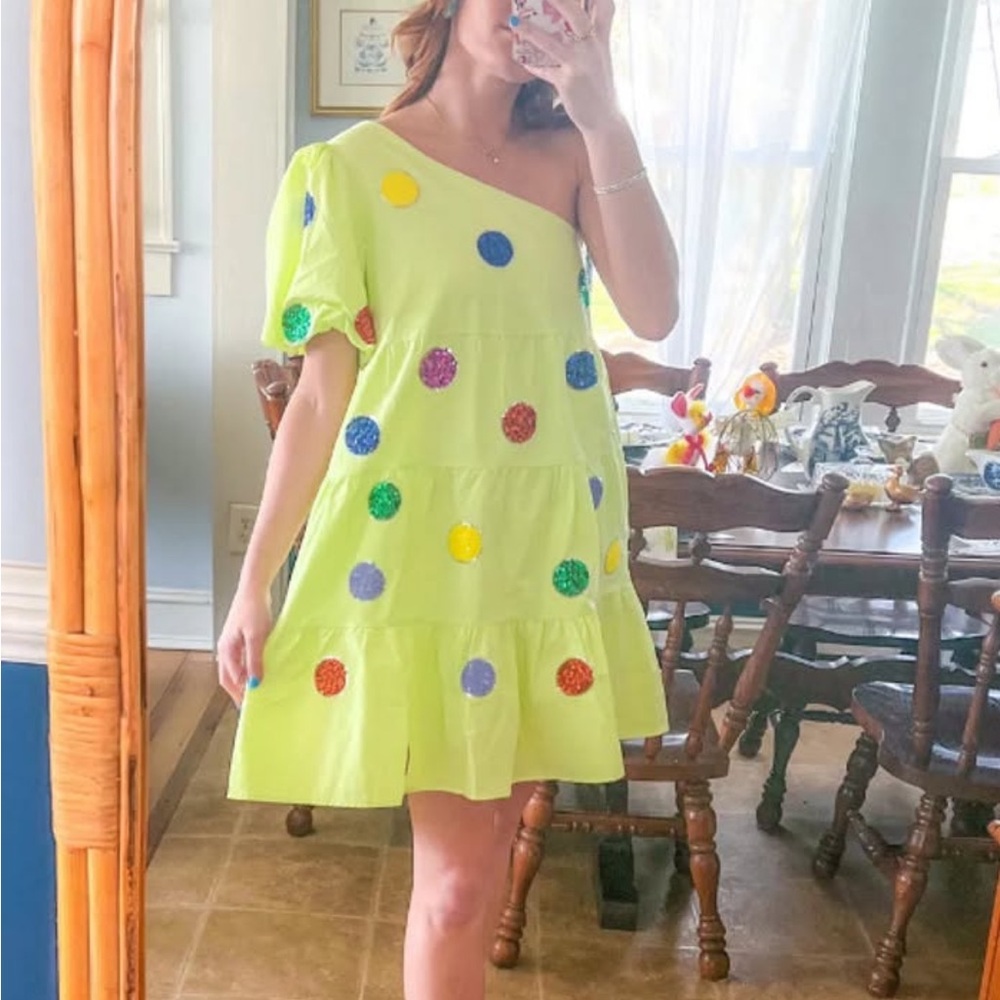 NWT lime green sequin polka dot appliqué one shoulder mini dress